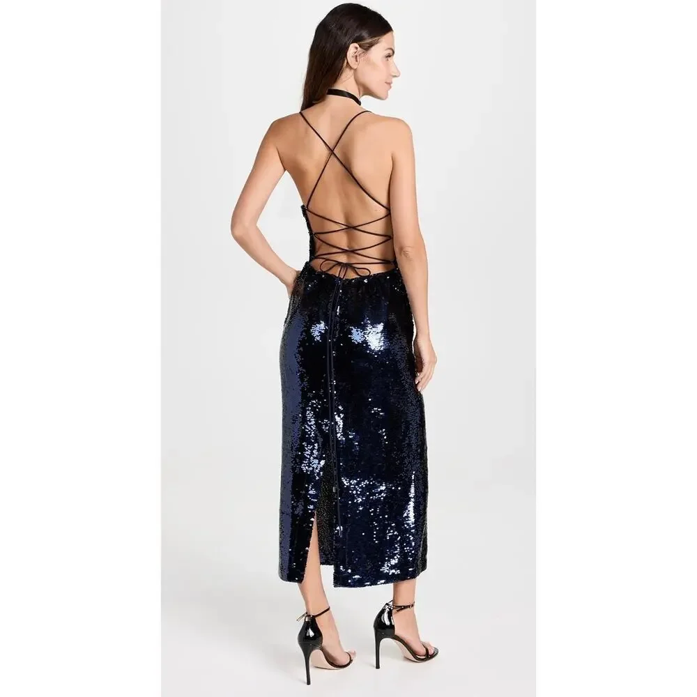 Sabina Musayev Navy Sapphire Open Lace Up Back Midi Lera Sequin Dress
